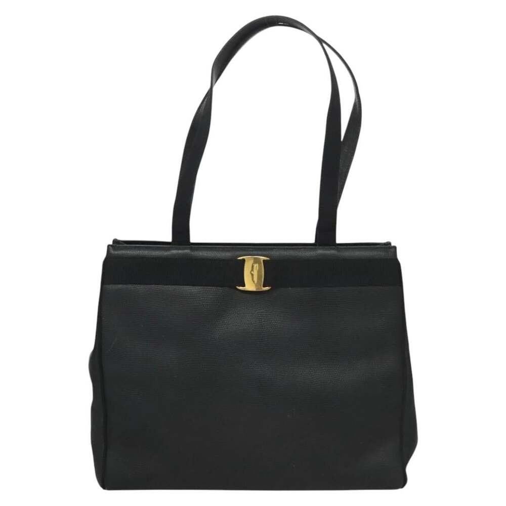 Salvatore Ferragamo Embossed Leather Tote Bag Navy
